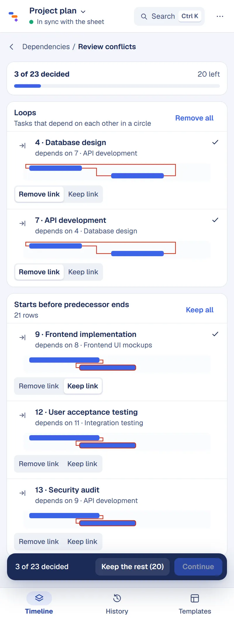 Dependencies review in the Chronolane pane, listing links that start before their predecessor ends