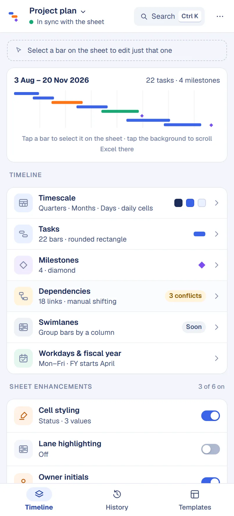The Chronolane pane: timeline overview, parts of the timeline and sheet enhancements